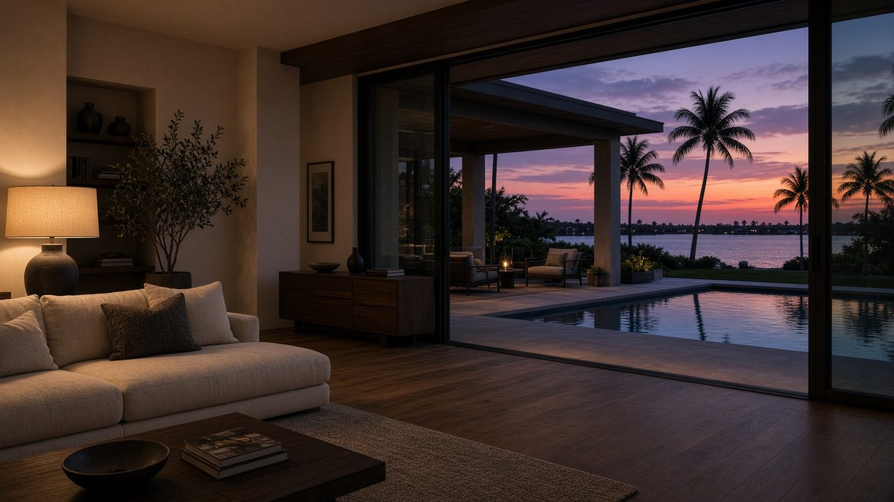 Southwest Florida living room at dusk — warm lamp light, linen seating, and glass opening to a lanai and pool