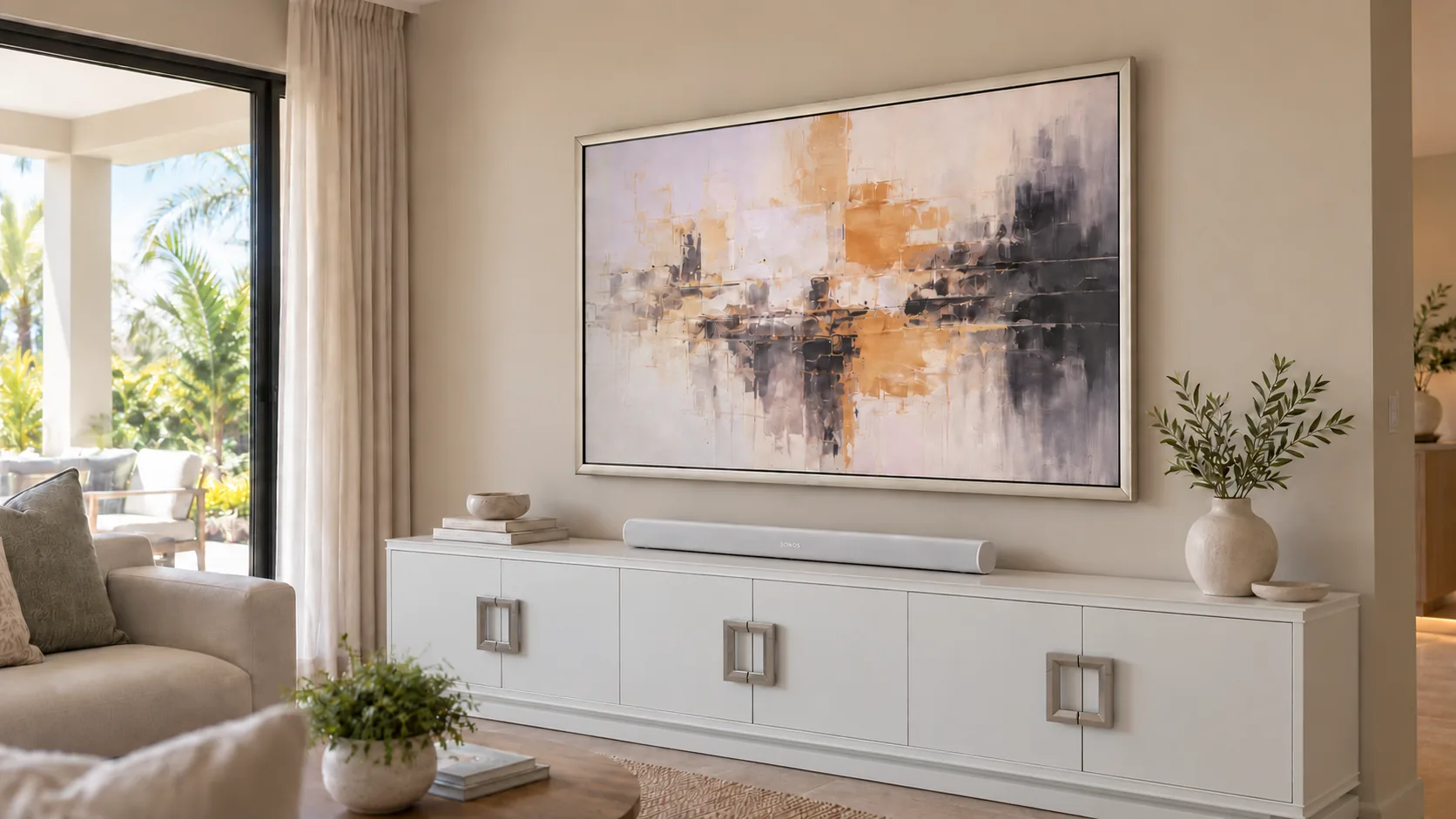 Flush-mounted television in a finished Southwest Florida living room