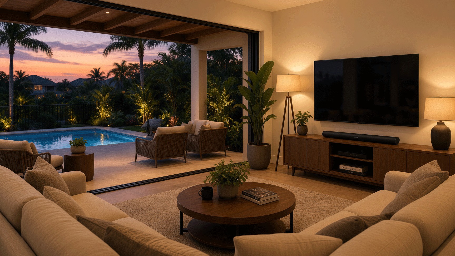 Southwest Florida living room at dusk — wall-mounted television with a Sonos Arc on the credenza, lanai and pool beyond