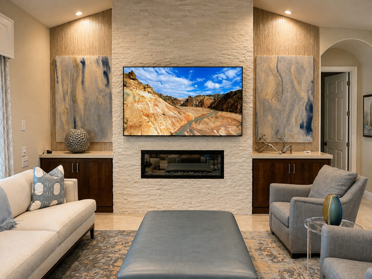 An 85-inch Samsung television on a stacked-stone fireplace wall — Shadow Wood