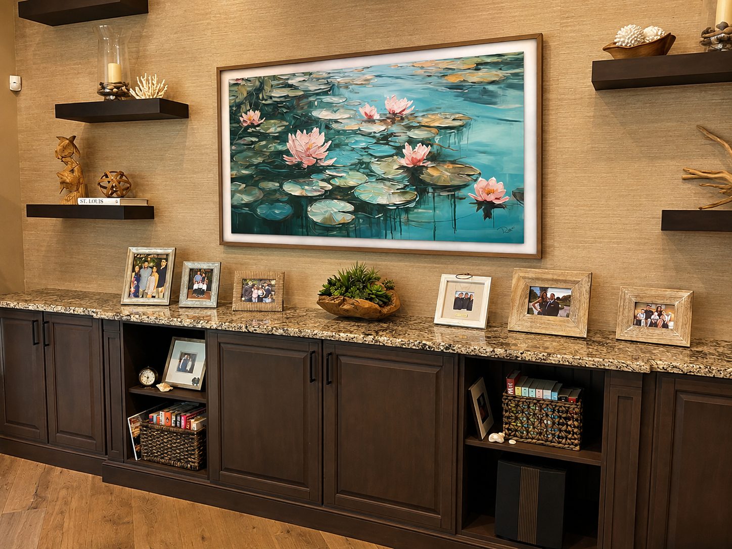 The Frame in Art Mode with water lilies, set into custom millwork — Miromar Lakes