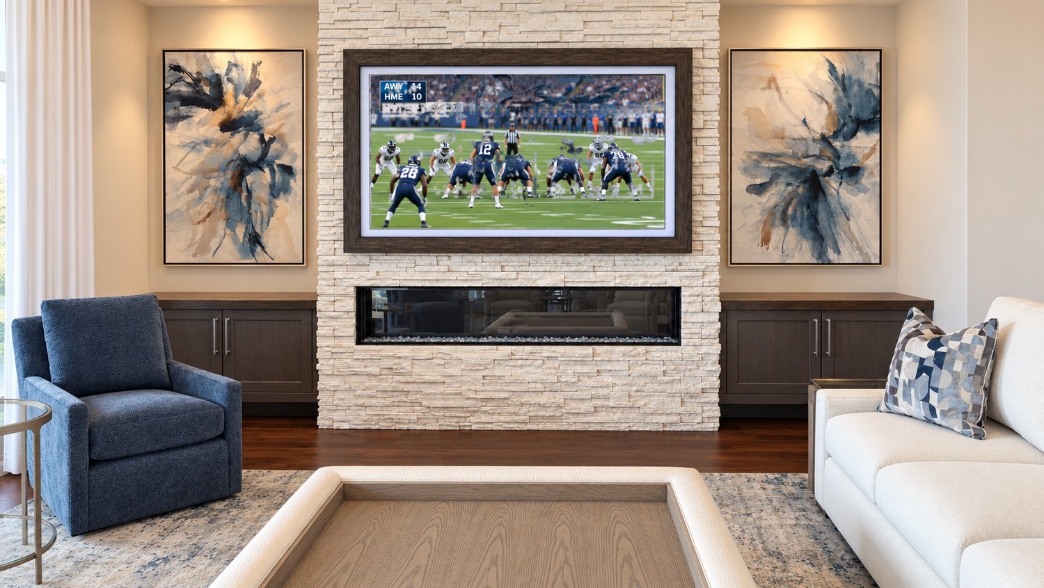 The same Frame in TV Mode — a football game on the wall