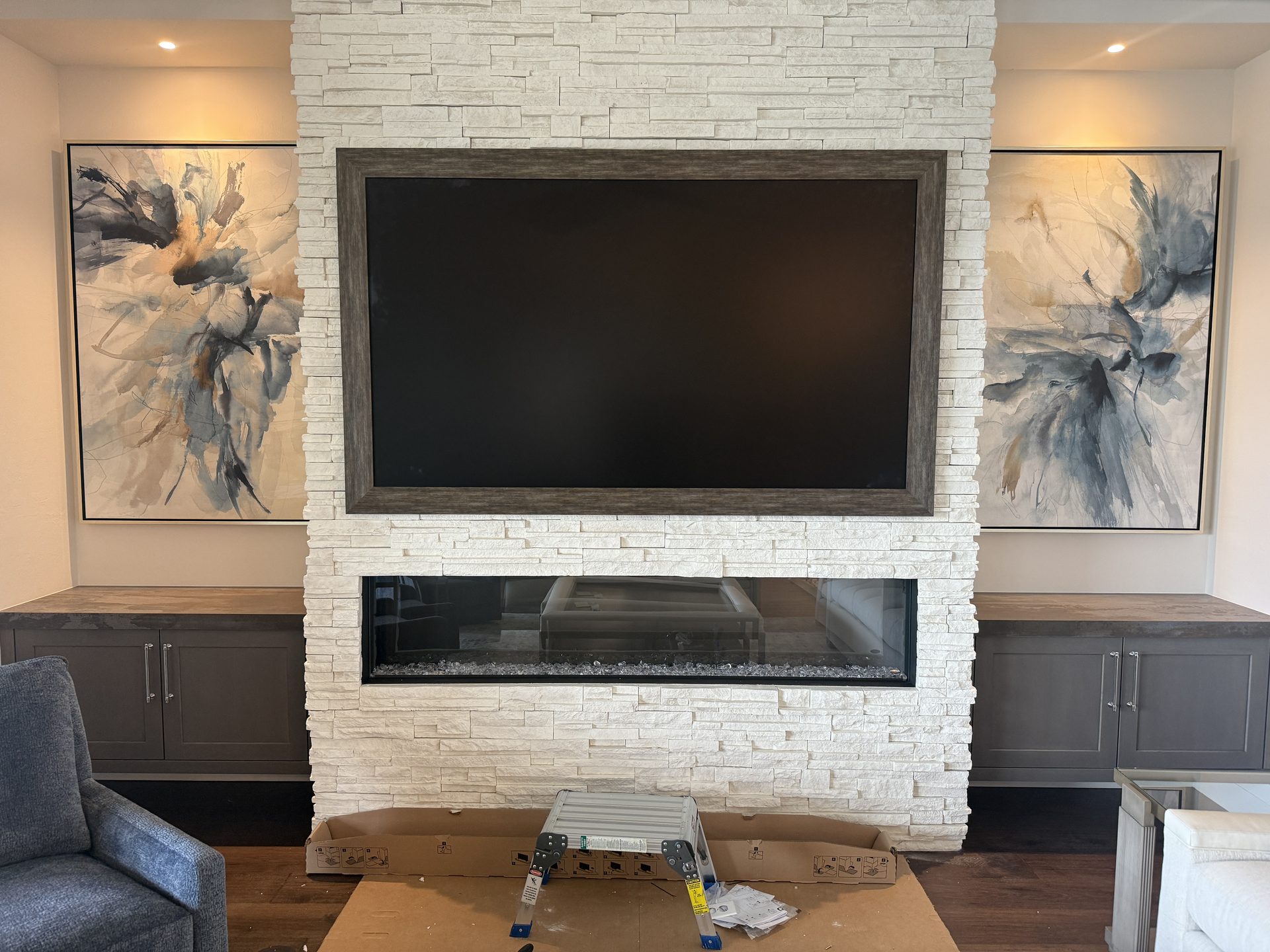 The Frame Pro in a Distressed Barnwood bezel, just mounted — Shadow Wood